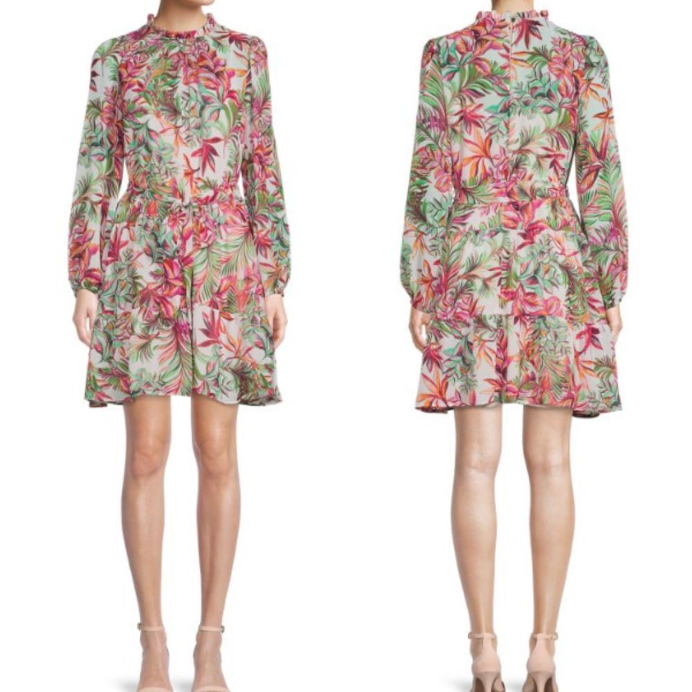 Julia‎ Jordan Women's Ruffle Neck Floral Belted Dress Size 8 Ivory Multi